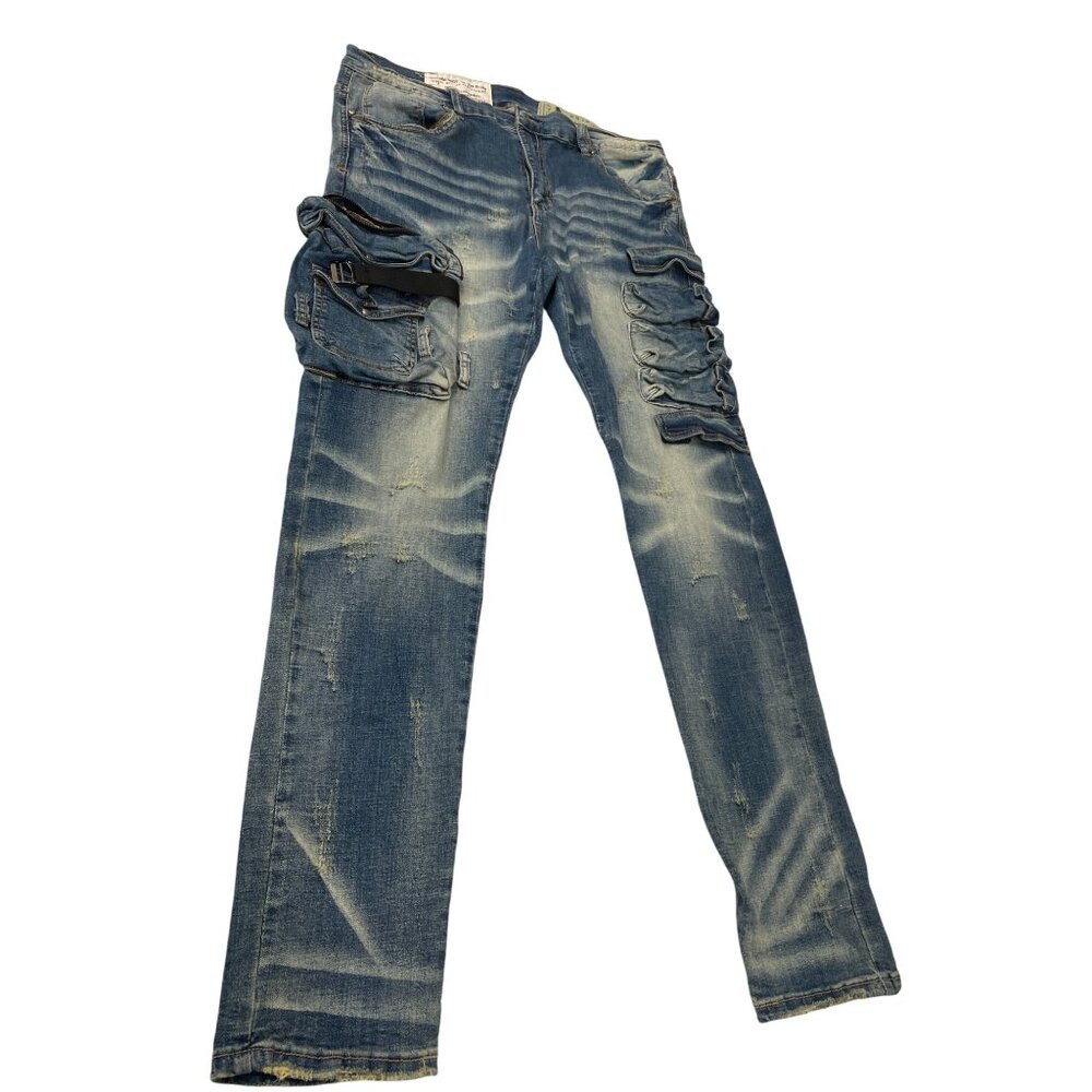 Industrial Indigo Mens Blue Distressed Cargo Jeans Pants Size 38x34 SKU 8546